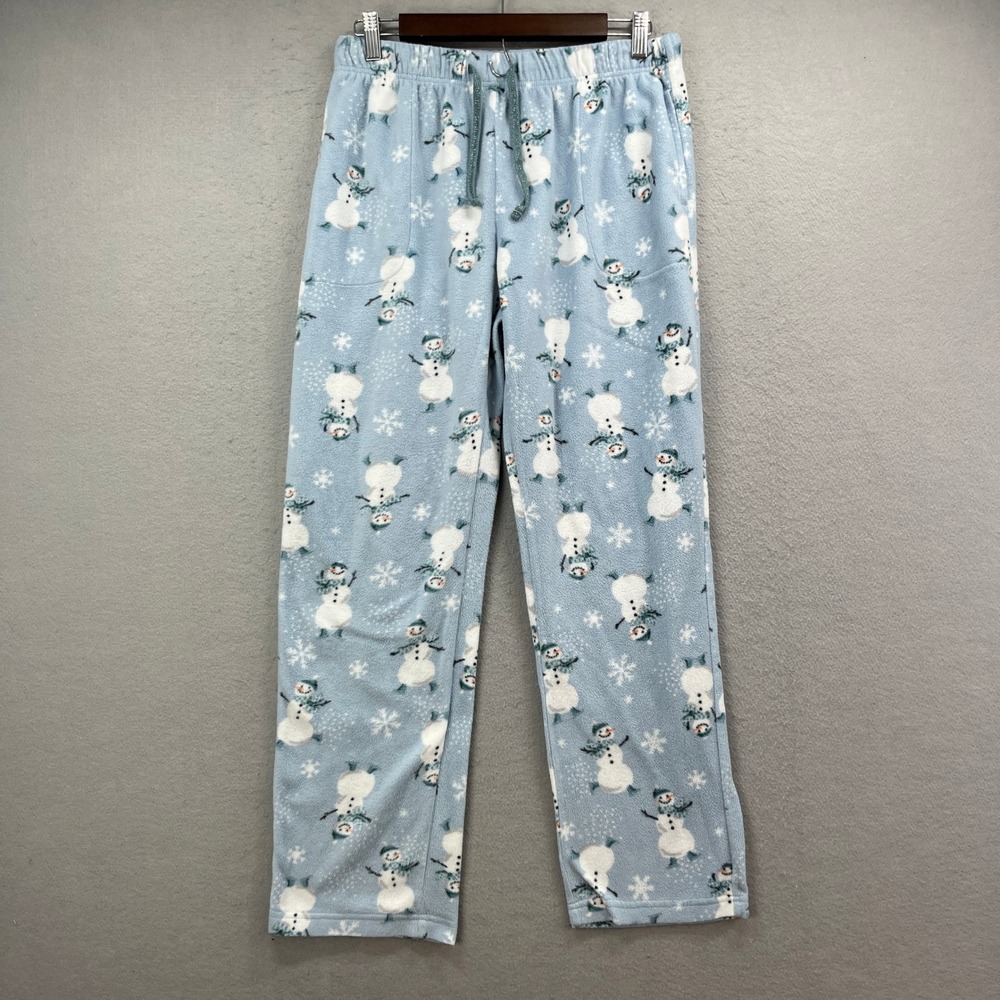 Cuddl Duds Fleece Pajama Pants Women Large Light Blue Snowman Snowflake Cozy PJs